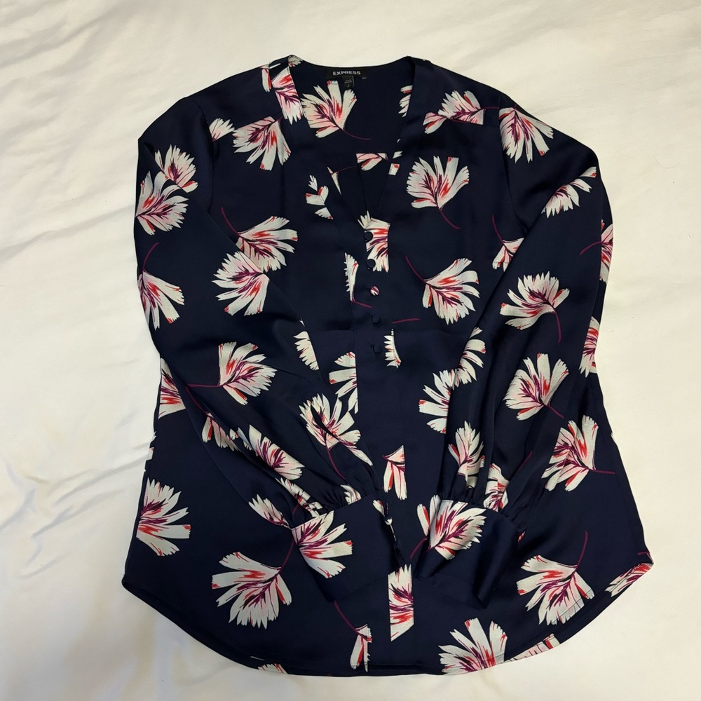 Express Navy Floral Button-Front Blouse with Pink Accents